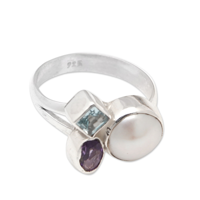 Amethyst and Blue Topaz Cocktail Ring with White Pearl