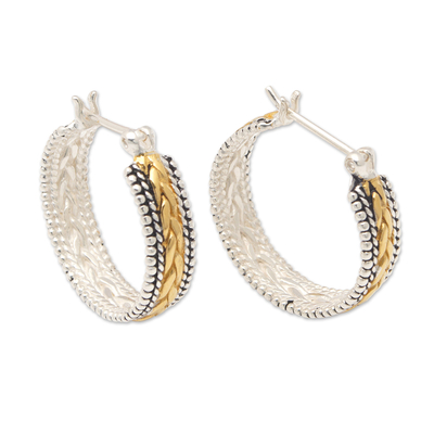 Sterling Silver Hoop Earrings with Gold-Plated Braid Accents