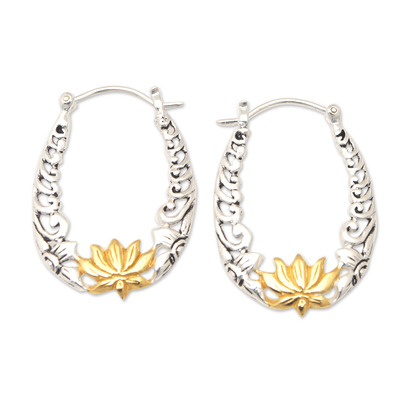 Lotus 18k Gold-Accented Sterling Silver Hoop Earrings