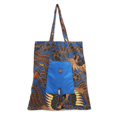 Cotton Foldable Tote Bag with Blue and Golden Batik Motifs