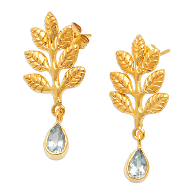 22k Gold-Plated Leafy Dangle Earrings with Blue Topaz Gems