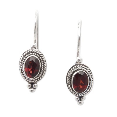Traditional Sterling Silver Drop Earrings with Garnet Gems