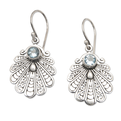 Peafowl-Themed Dangle Earrings with Faceted Blue Topaz Gems