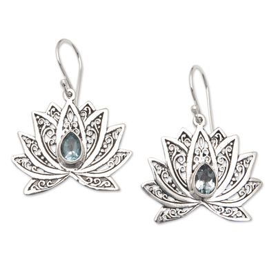 Lotus-Themed Filigree Dangle Earrings with Blue Topaz Gems
