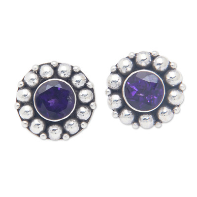 Amethyst Button Earrings with Sterling Silver Beads
