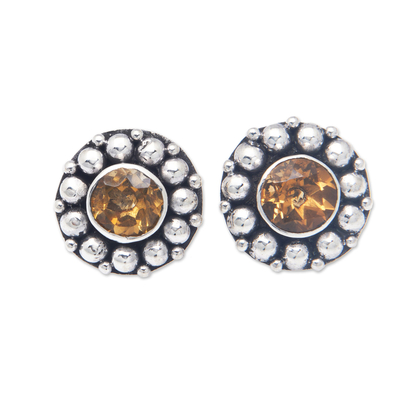 Citrine Button Earrings with Sterling Silver Beads