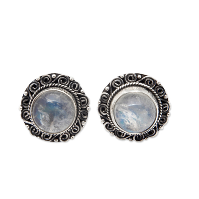 Balinese Floral Natural Rainbow Moonstone Button Earrings