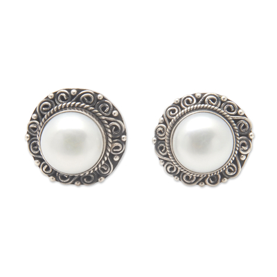 Balinese Floral Silver-White Cultured Pearl Button Earrings