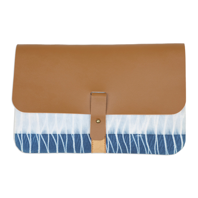 Blue Faux Leather and Cotton Clutch with Button Closure