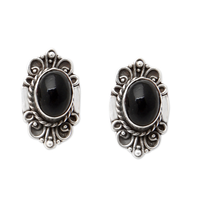 Traditional Sterling Silver Onyx Button Earrings from Bali