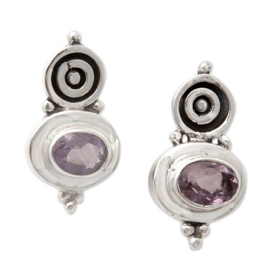 Polished Sterling Silver Drop Earrings with Amethyst Jewels