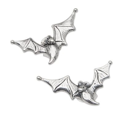 Polished Bat-Themed Sterling Silver Button Earrings