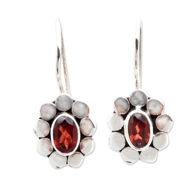 Polished Sterling Silver Drop Earrings with Garnet Gems