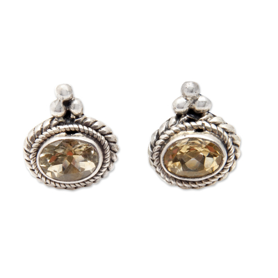 Beaded and Braided Sterling Silver Citrine Button Earrings