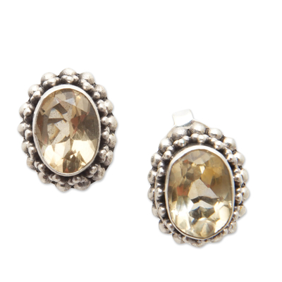 Sterling Silver Stud Earrings with Oval Citrine Gems