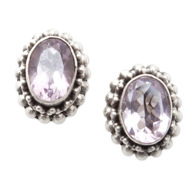 Sterling Silver Stud Earrings with Oval Amethyst Gems
