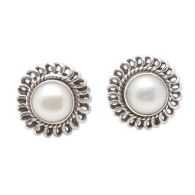 Sterling Silver Stud Earrings with White Cultured Pearls