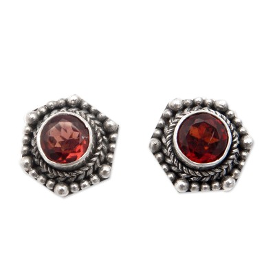 Geometric Sterling Silver Stud Earrings with Garnet Stones