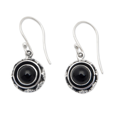 Sterling Silver Dangle Earrings with Round Onyx Stone