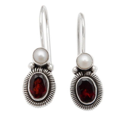 Sterling Silver Drop Earrings with Cultured Pearl and Garnet