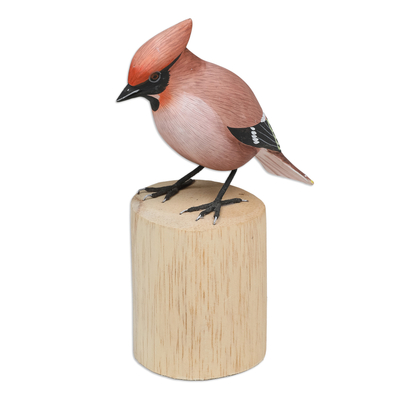 Hand-Carved Hand-Painted Wood Bird Statuette with Teak Base