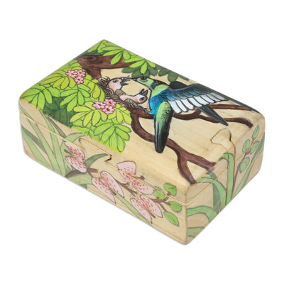 Hand-Painted Bird-Themed Suar Wood Decorative Box from Bali
