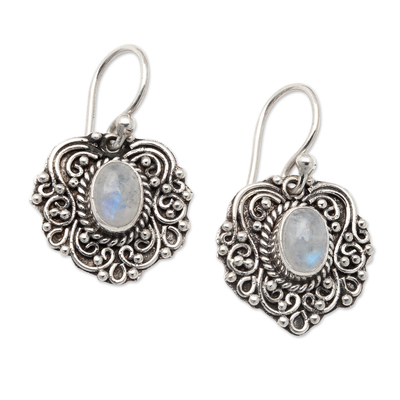 Balinese Silver Dangle Earrings with Rainbow Moonstone Gems