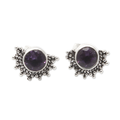 Polished Sterling Silver Stud Earrings with Amethyst Stones