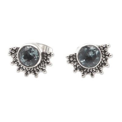 Polished Sterling Silver Stud Earrings with Blue Topaz Gems