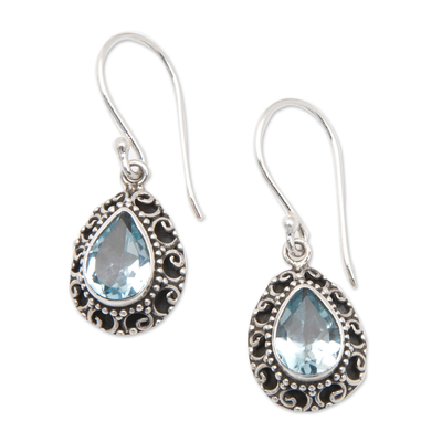 Sterling Silver Dangle Earrings with Faceted Blue Topaz Gems