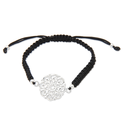 Floral Black Macrame Bracelet with Polished Pendant
