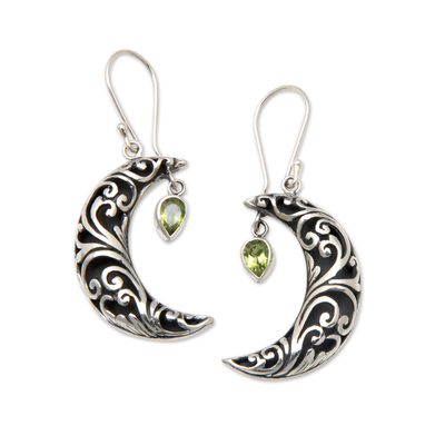 Moon-Shaped Leafy Dangle Earrings with Peridot Jewels