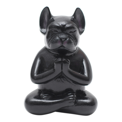 Hand-Carved Black Suar Wood French Bulldog Sculpture