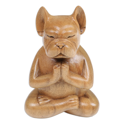 Hand-Carved Brown Suar Wood French Bulldog Sculpture