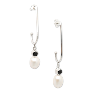 White Cultured Pearl and Faceted Onyx Dangle Earrings
