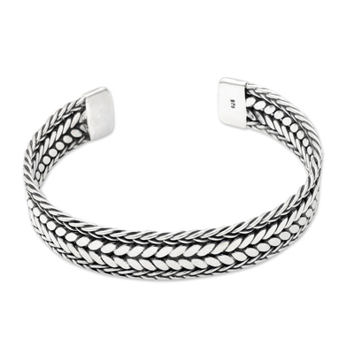 Sterling Silver Cuff Bracelet with Braided Chain Accents