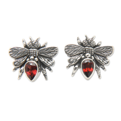 Sterling Silver Bee Button Earrings with Garnet Jewels