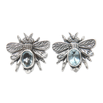 Sterling Silver Bee Button Earrings with Blue Topaz Jewels