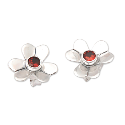 Sterling Silver Floral Button Earrings with Garnet Stone