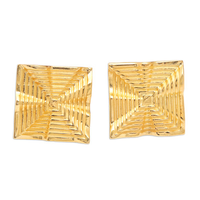 Modern Textured Square 18k Gold-Plated Button Earrings
