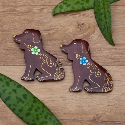 Set of 2 Hand-Painted Floral Dog-Shaped Wood Magnets