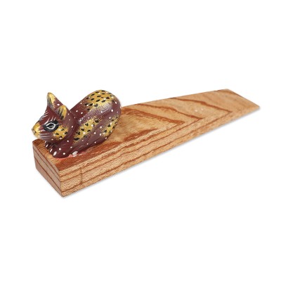 Handcrafted Jempinis Wood Door Stop with Painted Cat