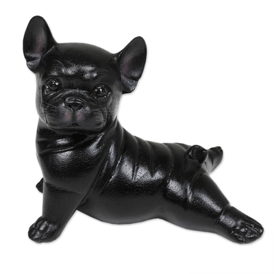 Hand-Painted Suar Wood Figurine of Stretching Black Bulldog