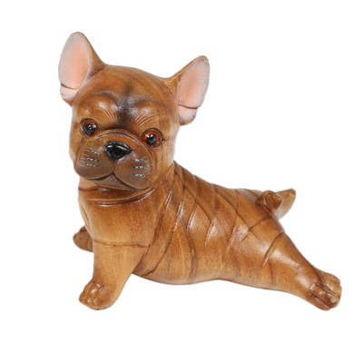 Hand-Carved Suar Wood Figurine of Stretching Brown Bulldog