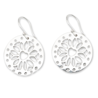 Lotus and Heart-Themed Round Sterling Silver Dangle Earrings