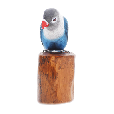 Handcrafted Suar Wood Blue Bird Sculpture with Wooden Base