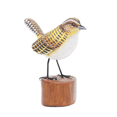 Handcrafted Suar Wood Canary Sculpture with Wooden Base
