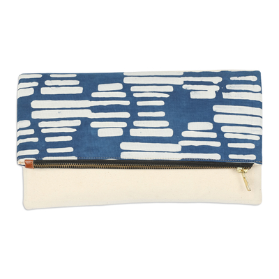 Blue and White Batik Patterned Rayon Clutch from Java