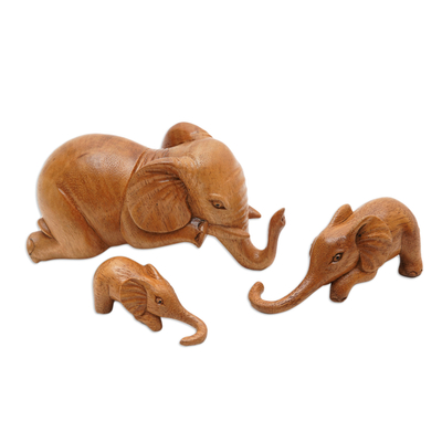 Hand-Carved Elephant Suar Wood Sculptures (Set of 3)