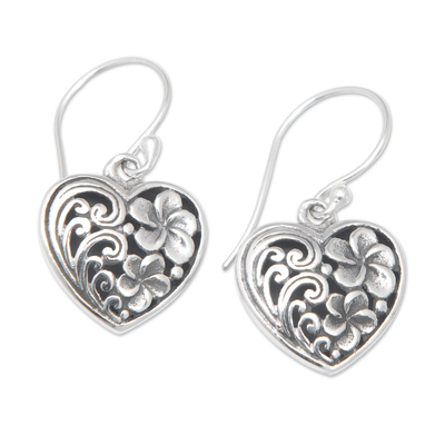 Sterling Silver Heart Dangle Earrings with Frangipani Motifs